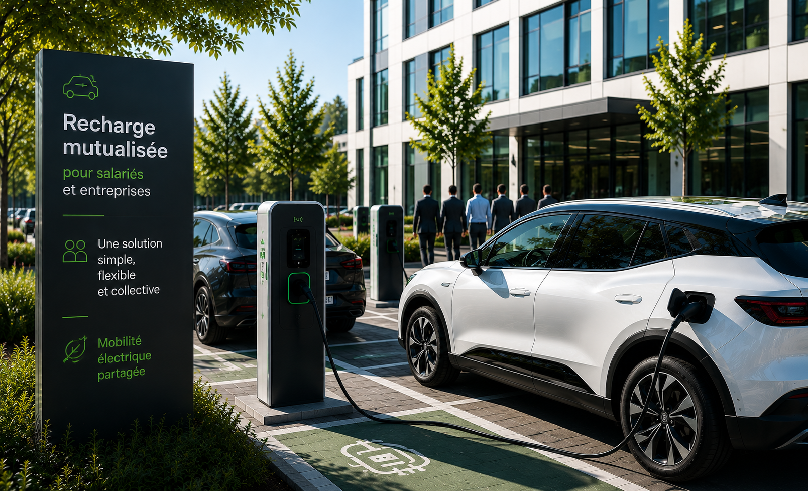 Bornes de recharge mutualisées devant une entreprise